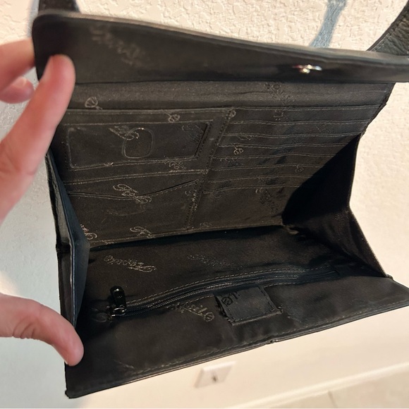 Vintage Fossil Black Leather Purse Double Fold Out Organizer Crossbody Bag Trave - Picture 12 of 15